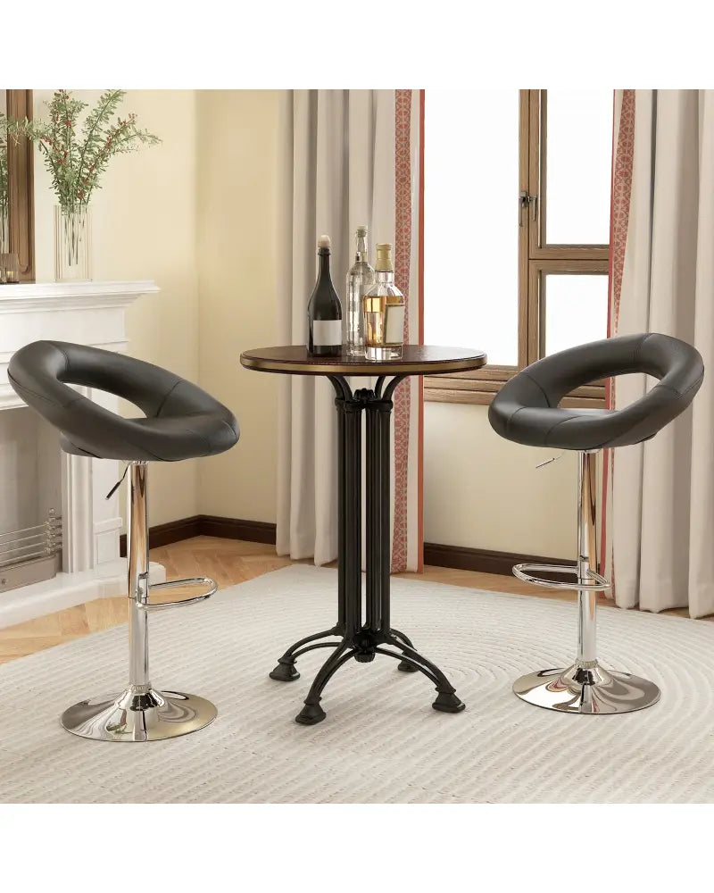 Height Adjustable Bar Stools Set of 2 with Hollow Back and Footrest-Black - Black - Bar Stools