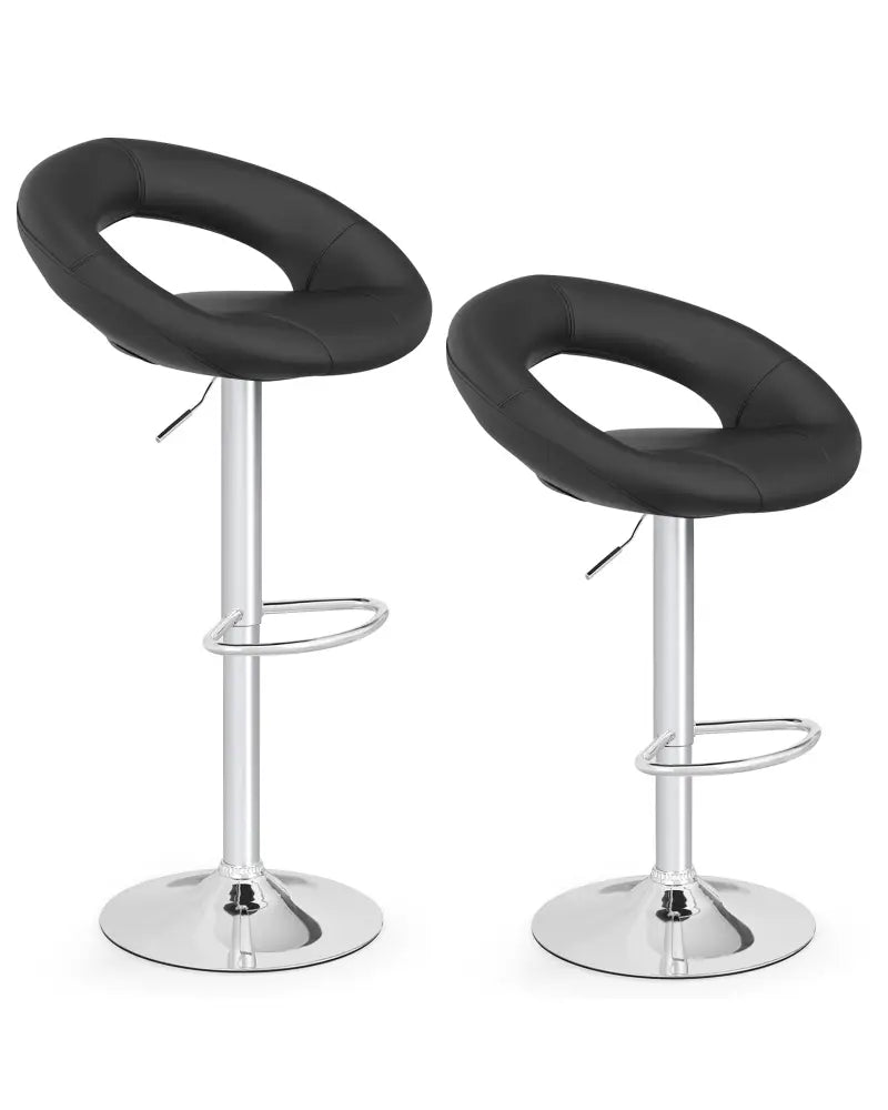 Height Adjustable Bar Stools Set of 2 with Hollow Back and Footrest-Black - Black - Bar Stools