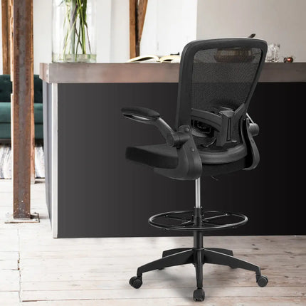 Height Adjustable Drafting Chair with Flip Up Arms-Black - Black - Mesh Chairs