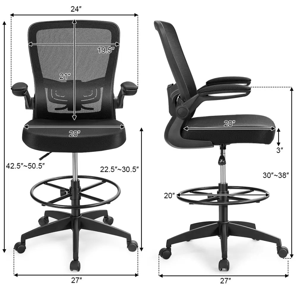 Height Adjustable Drafting Chair with Flip Up Arms-Black - Black - Mesh Chairs