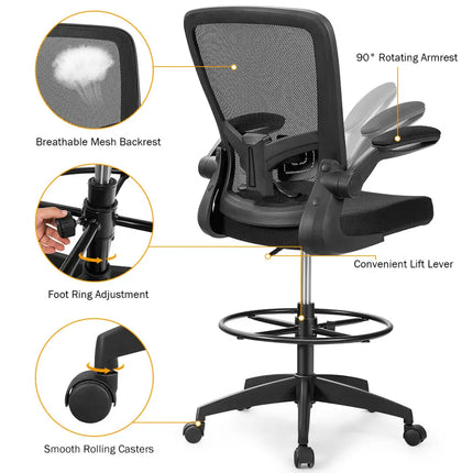 Height Adjustable Drafting Chair with Flip Up Arms-Black - Black - Mesh Chairs