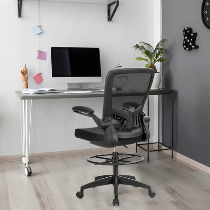 Height Adjustable Drafting Chair with Flip Up Arms-Black - Black - Mesh Chairs