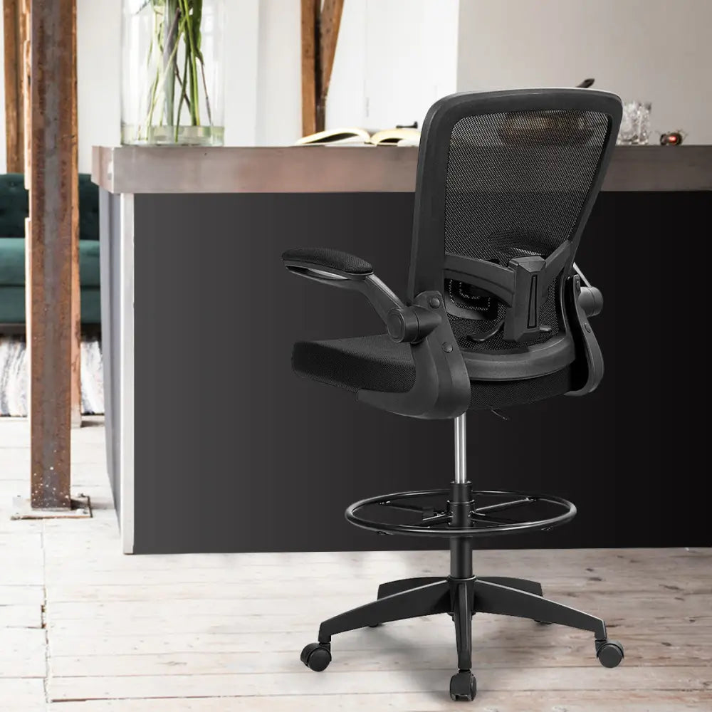 Height Adjustable Drafting Chair with Flip Up Arms-Black - Black - Mesh Chairs