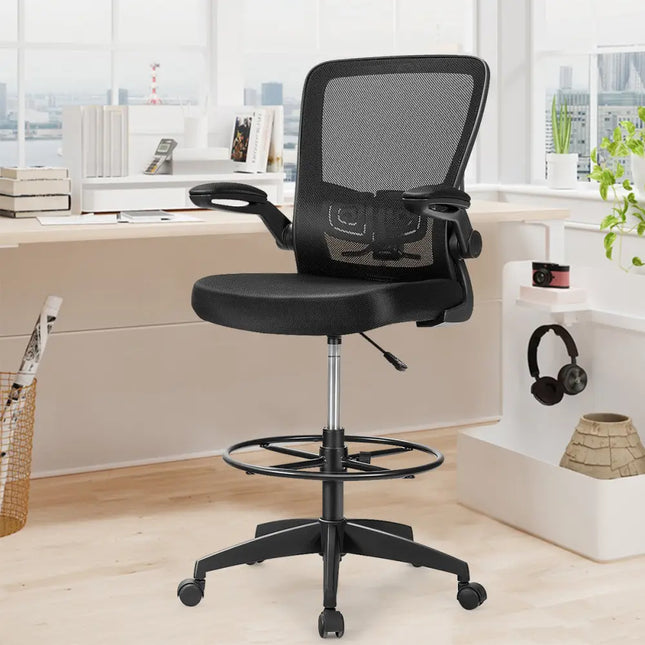 Height Adjustable Drafting Chair with Flip Up Arms-Black - Black - Mesh Chairs