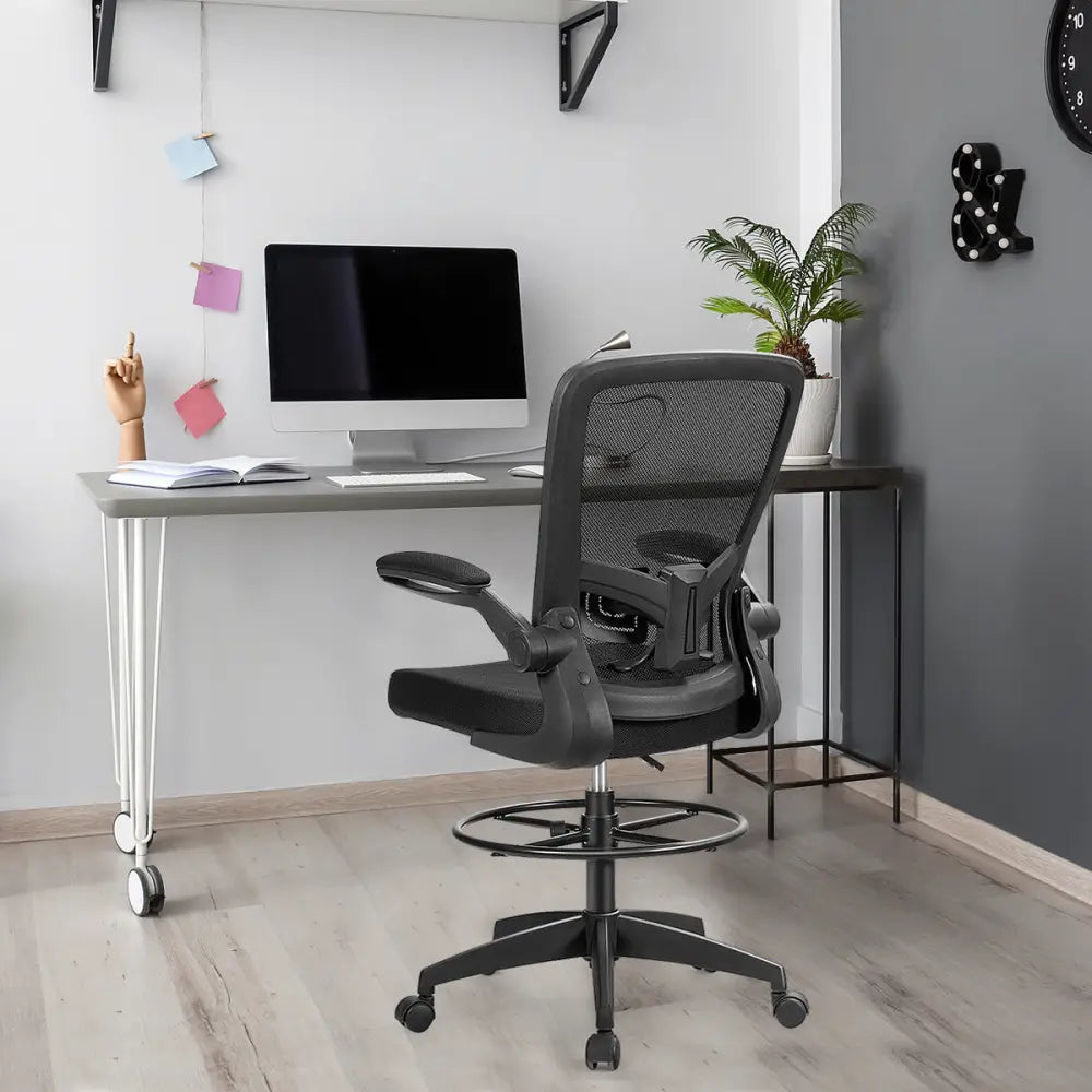 Height Adjustable Drafting Chair with Flip Up Arms-Black - Black - Mesh Chairs