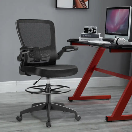 Height Adjustable Drafting Chair with Flip Up Arms-Black - Black - Mesh Chairs