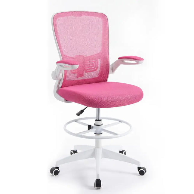 Height Adjustable Drafting Chair with Flip Up Arms for Home Office-Pink - Pink - Mesh Chairs