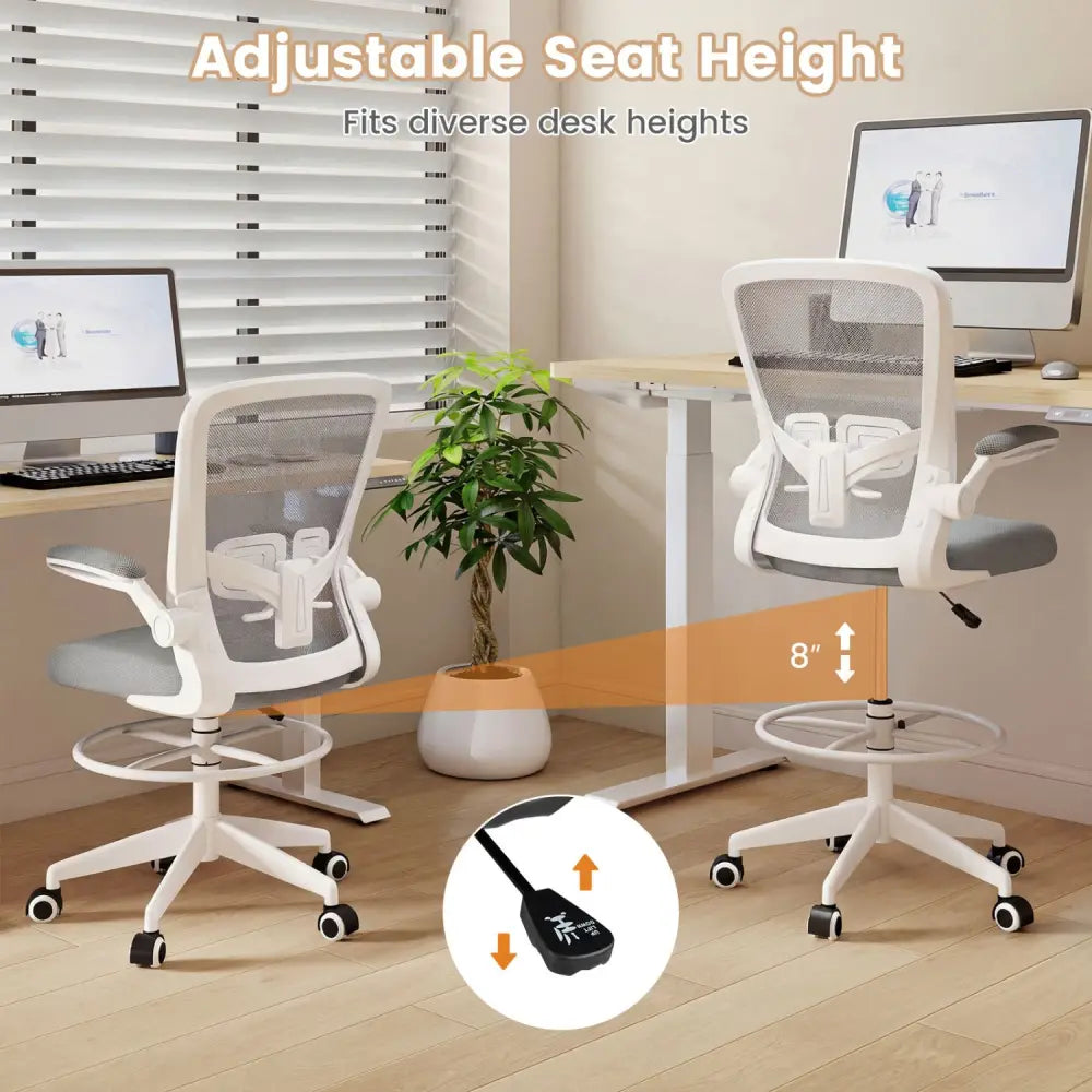 Height Adjustable Drafting Chair with Flip Up Arms for Home Office-Gray - Gray - Mesh Chairs