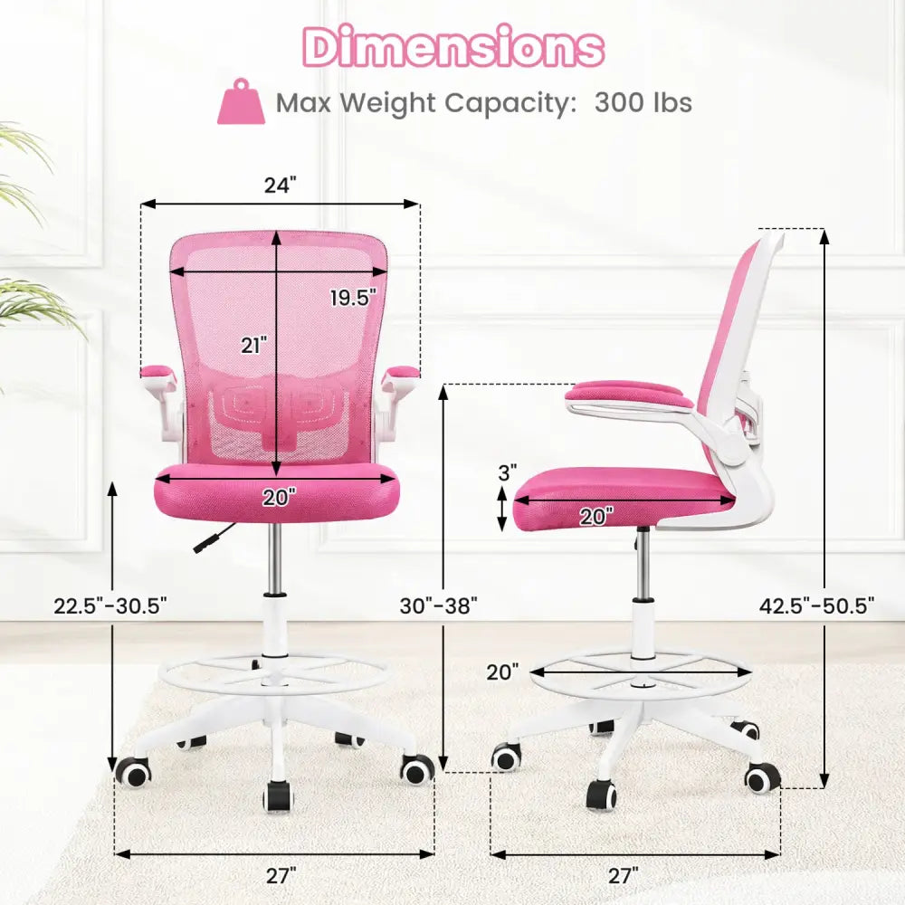 Height Adjustable Drafting Chair with Flip Up Arms for Home Office-Pink - Pink - Mesh Chairs