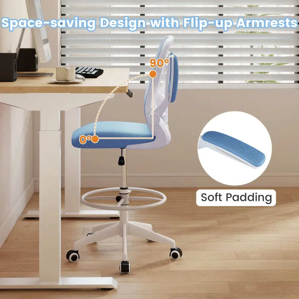 Height Adjustable Drafting Chair with Flip Up Arms for Home Office-Blue - Blue - Mesh Chairs