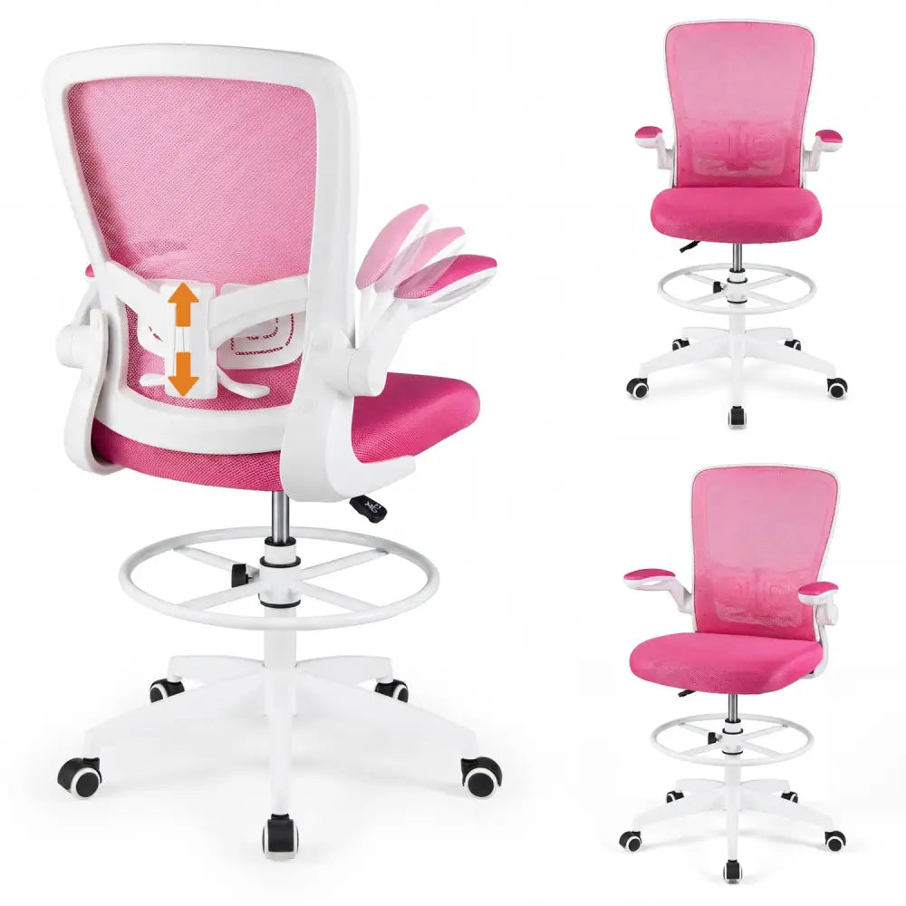 Height Adjustable Drafting Chair with Flip Up Arms for Home Office-Pink - Pink - Mesh Chairs