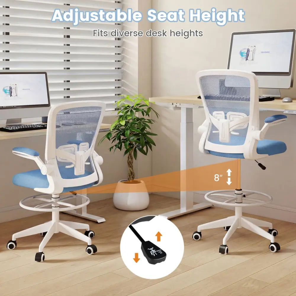 Height Adjustable Drafting Chair with Flip Up Arms for Home Office-Blue - Blue - Mesh Chairs