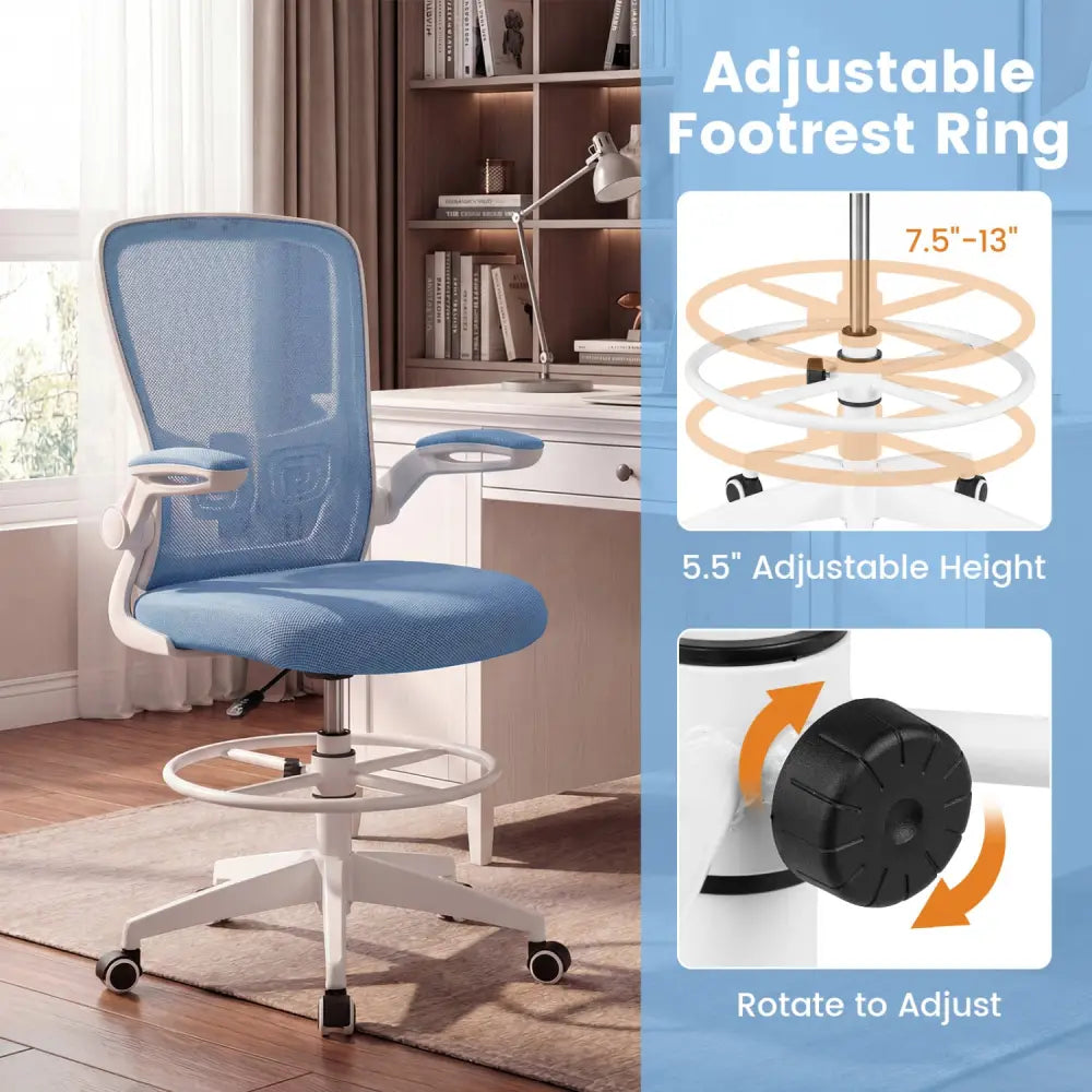 Height Adjustable Drafting Chair with Flip Up Arms for Home Office-Blue - Blue - Mesh Chairs