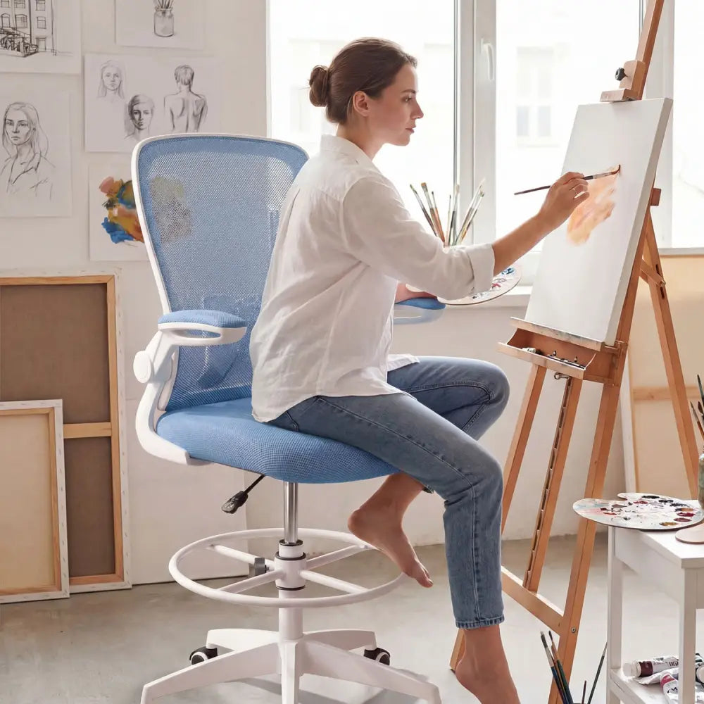 Height Adjustable Drafting Chair with Flip Up Arms for Home Office-Blue - Blue - Mesh Chairs