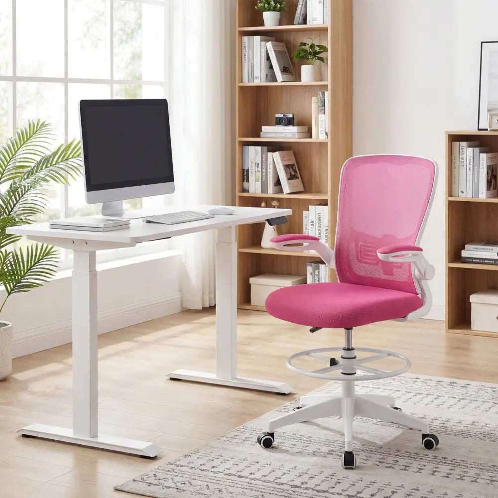 Height Adjustable Drafting Chair with Flip Up Arms for Home Office-Pink - Pink - Mesh Chairs