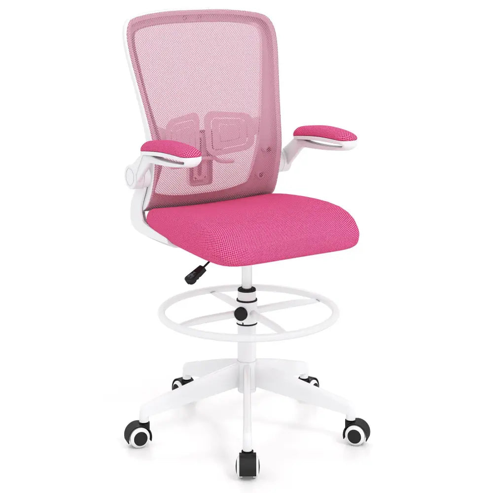 Height Adjustable Drafting Chair with Flip Up Arms for Home Office-Pink - Pink - Mesh Chairs