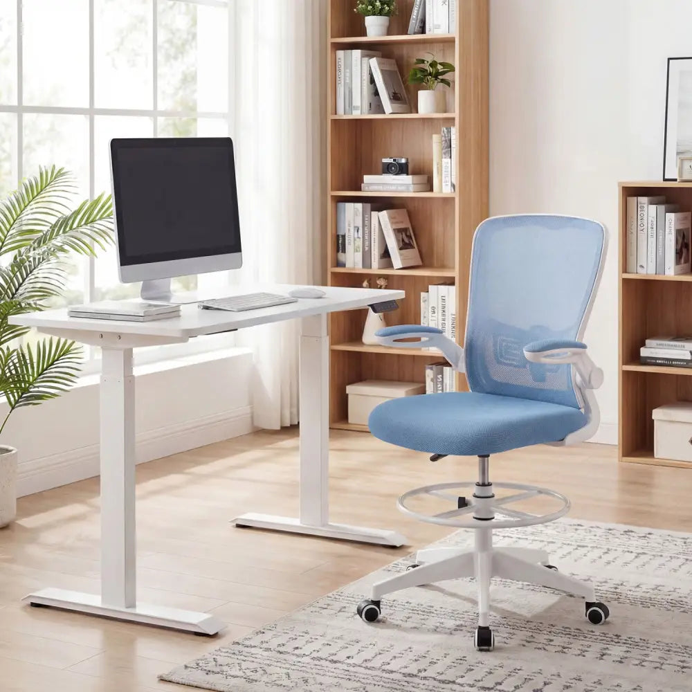 Height Adjustable Drafting Chair with Flip Up Arms for Home Office-Blue - Blue - Mesh Chairs