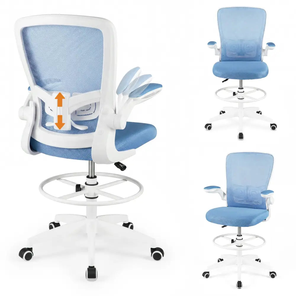 Height Adjustable Drafting Chair with Flip Up Arms for Home Office-Blue - Blue - Mesh Chairs