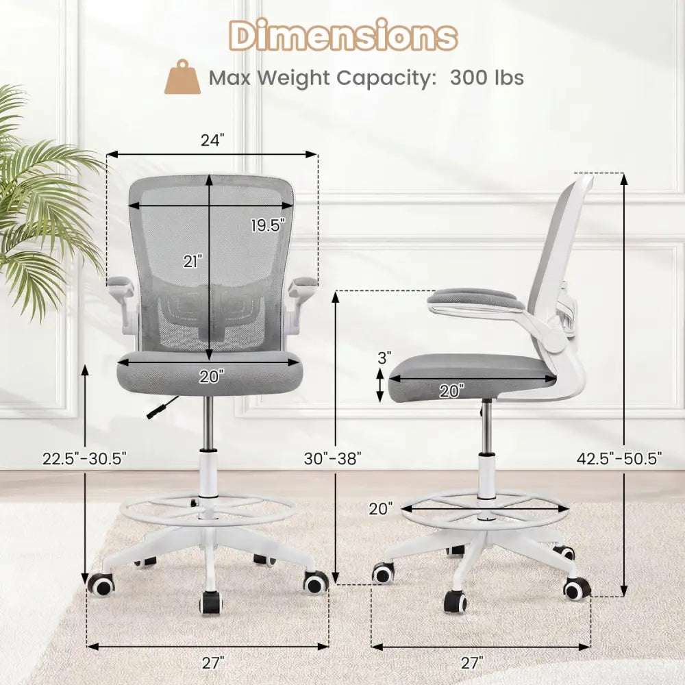 Height Adjustable Drafting Chair with Flip Up Arms for Home Office-Gray - Gray - Mesh Chairs