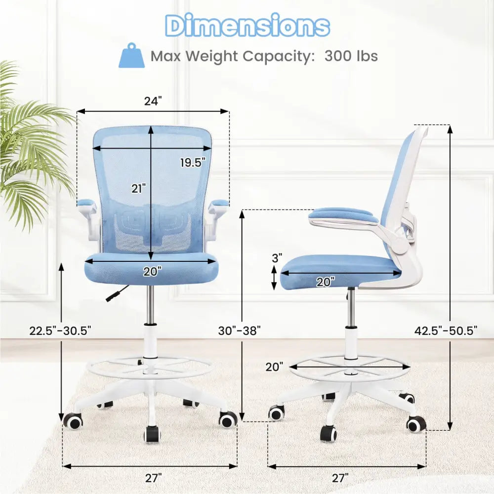 Height Adjustable Drafting Chair with Flip Up Arms for Home Office-Blue - Blue - Mesh Chairs