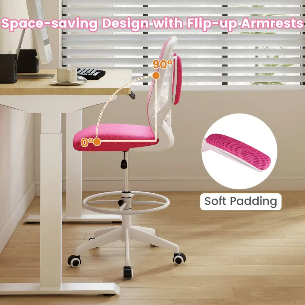 Height Adjustable Drafting Chair with Flip Up Arms for Home Office-Pink - Pink - Mesh Chairs
