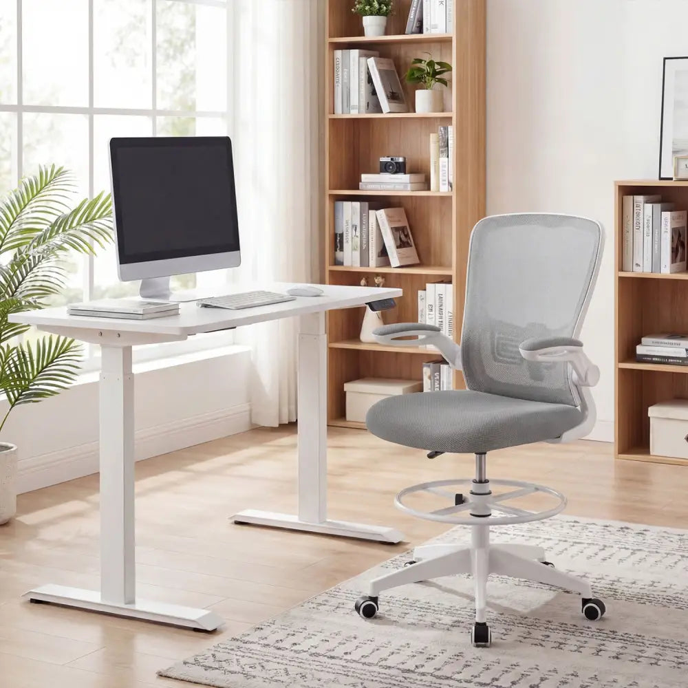 Height Adjustable Drafting Chair with Flip Up Arms for Home Office-Gray - Gray - Mesh Chairs