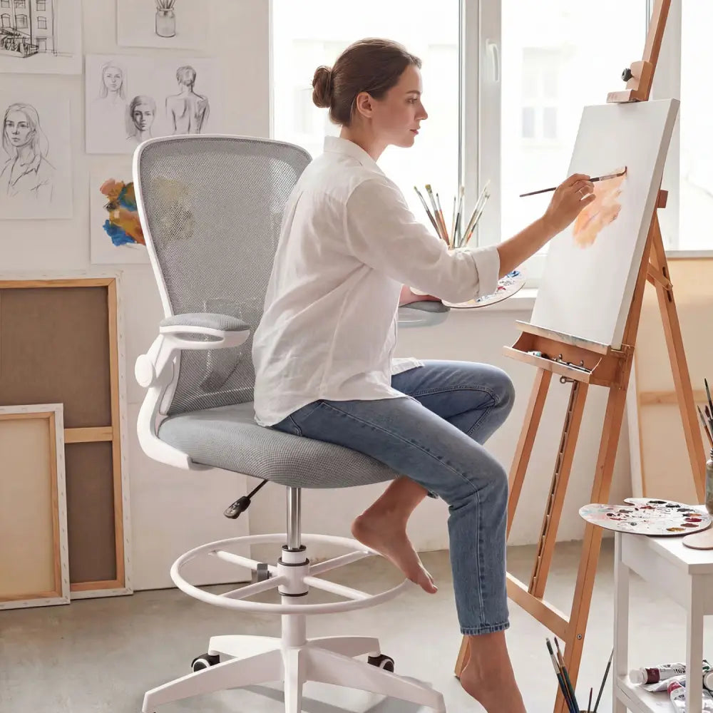 Height Adjustable Drafting Chair with Flip Up Arms for Home Office-Gray - Gray - Mesh Chairs