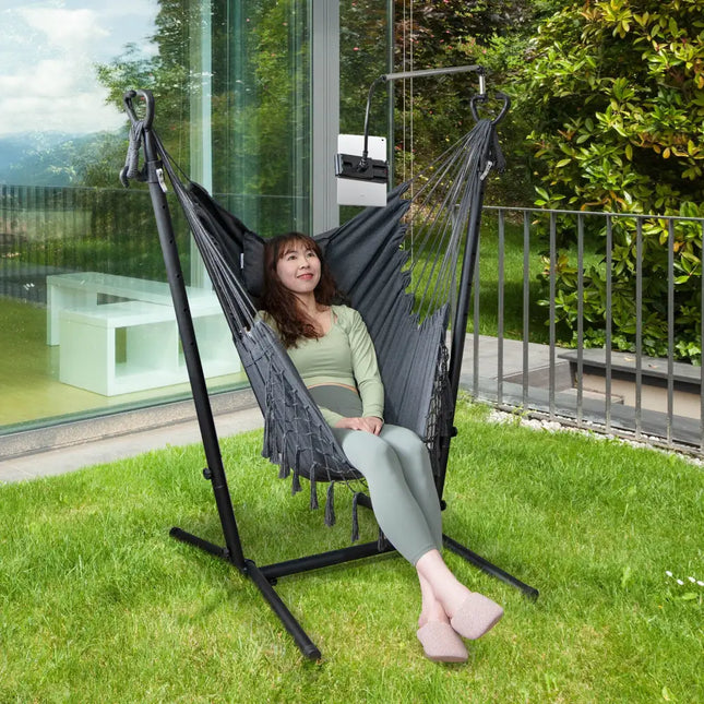 Height Adjustable Hammock Chair with Phone Holder and Side Pocket-Gray - Gray - Hammocks