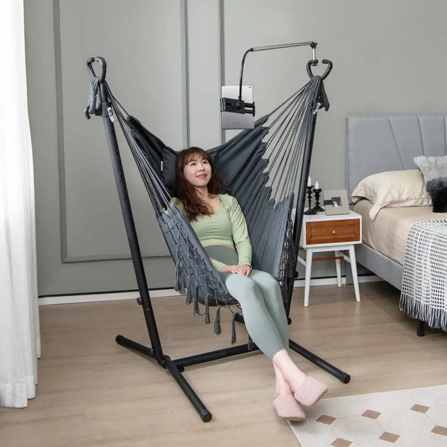 Height Adjustable Hammock Chair with Phone Holder and Side Pocket-Gray - Gray - Hammocks