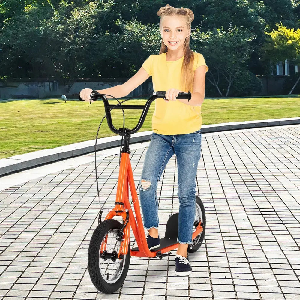 Height Adjustable Kid Kick Scooter with 12 Inch Air Filled Wheel-Orange - Orange - Scooters