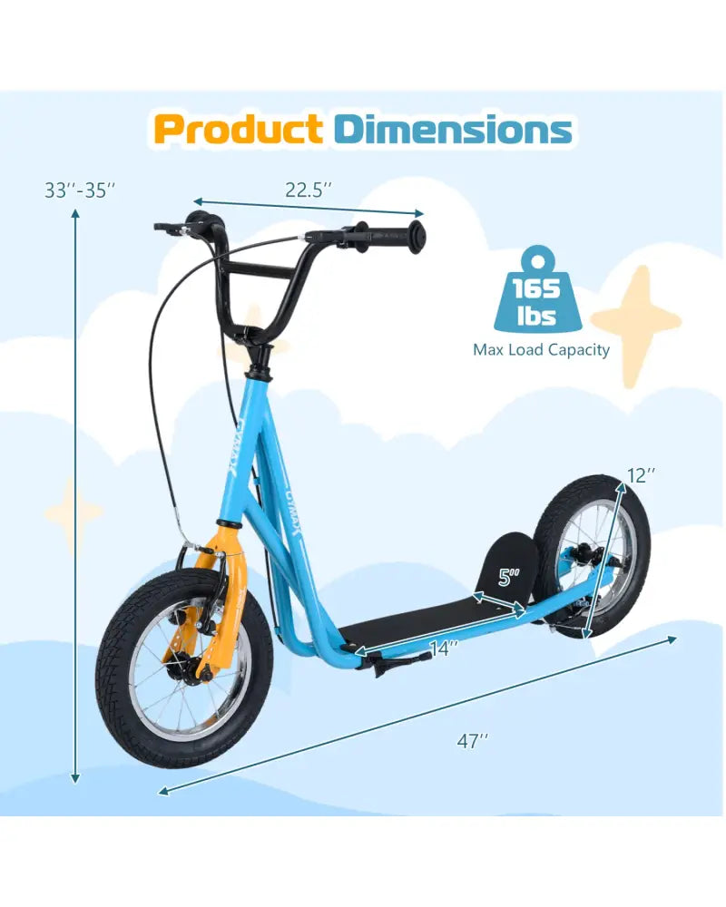 Height Adjustable Kid Kick Scooter with 12 Inch Air Filled Wheel-Blue - Blue - Scooters