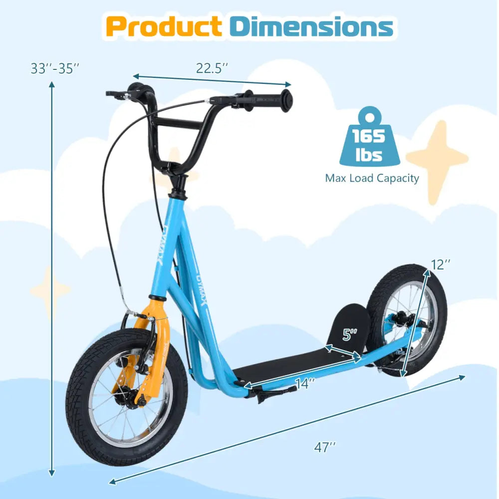 Height Adjustable Kid Kick Scooter with 12 Inch Air Filled Wheel-Blue - Blue - Scooters