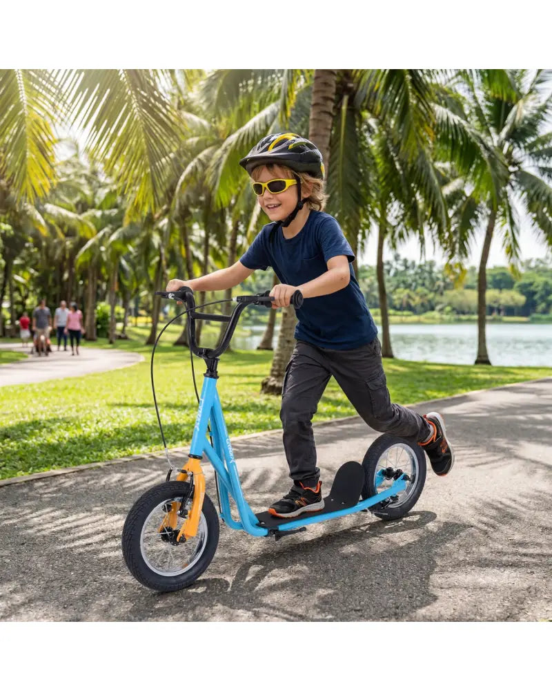 Height Adjustable Kid Kick Scooter with 12 Inch Air Filled Wheel-Blue - Blue - Scooters