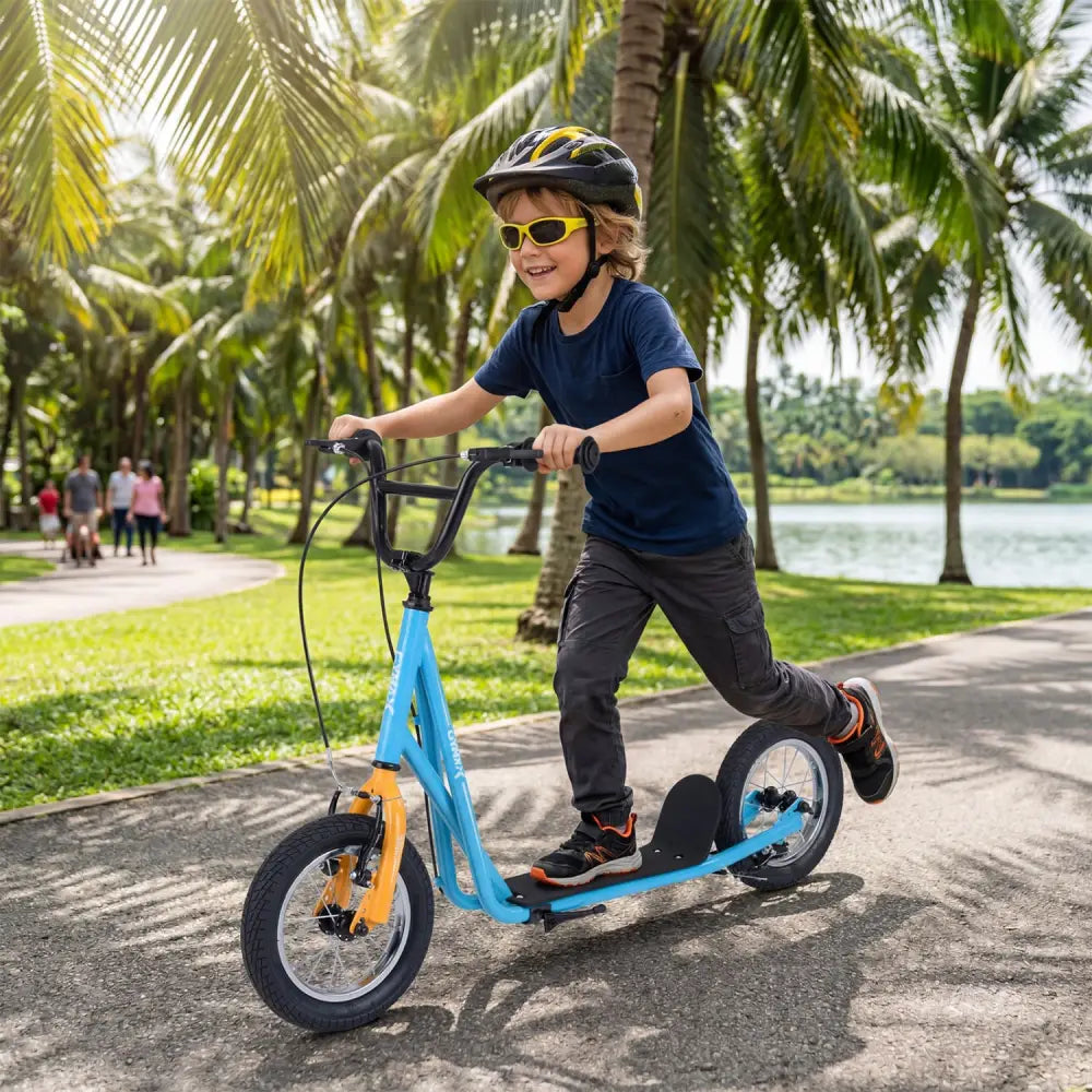 Height Adjustable Kid Kick Scooter with 12 Inch Air Filled Wheel-Blue - Blue - Scooters