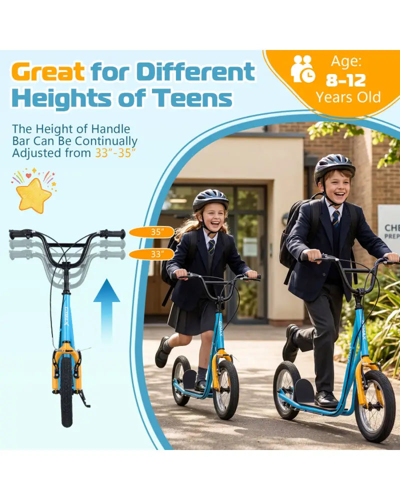 Height Adjustable Kid Kick Scooter with 12 Inch Air Filled Wheel-Blue - Blue - Scooters