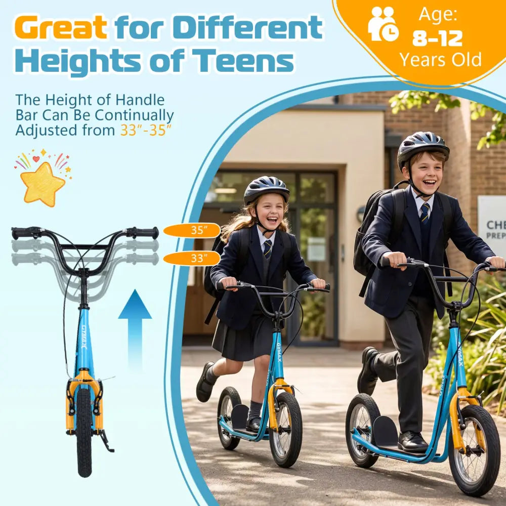 Height Adjustable Kid Kick Scooter with 12 Inch Air Filled Wheel-Blue - Blue - Scooters