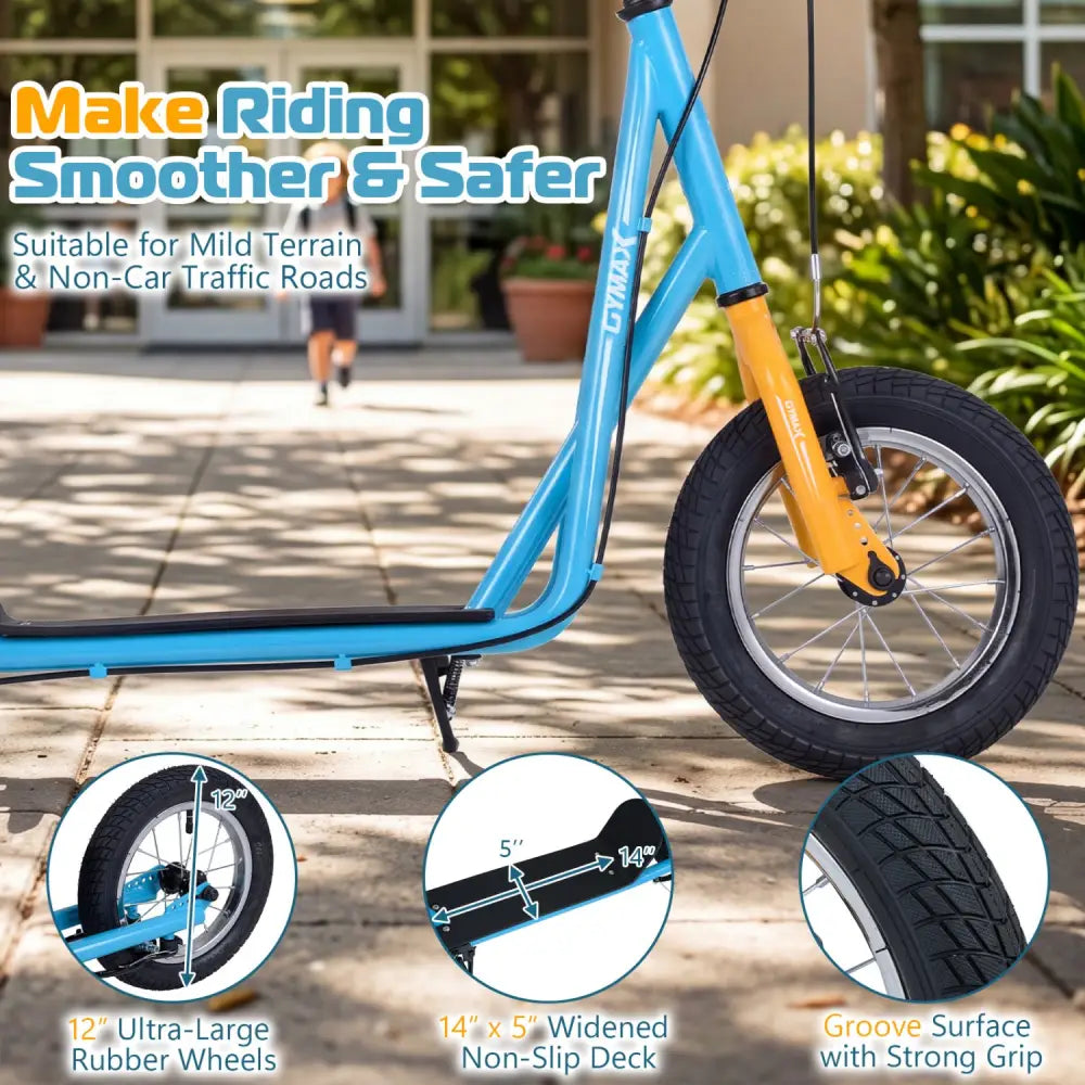 Height Adjustable Kid Kick Scooter with 12 Inch Air Filled Wheel-Blue - Blue - Scooters
