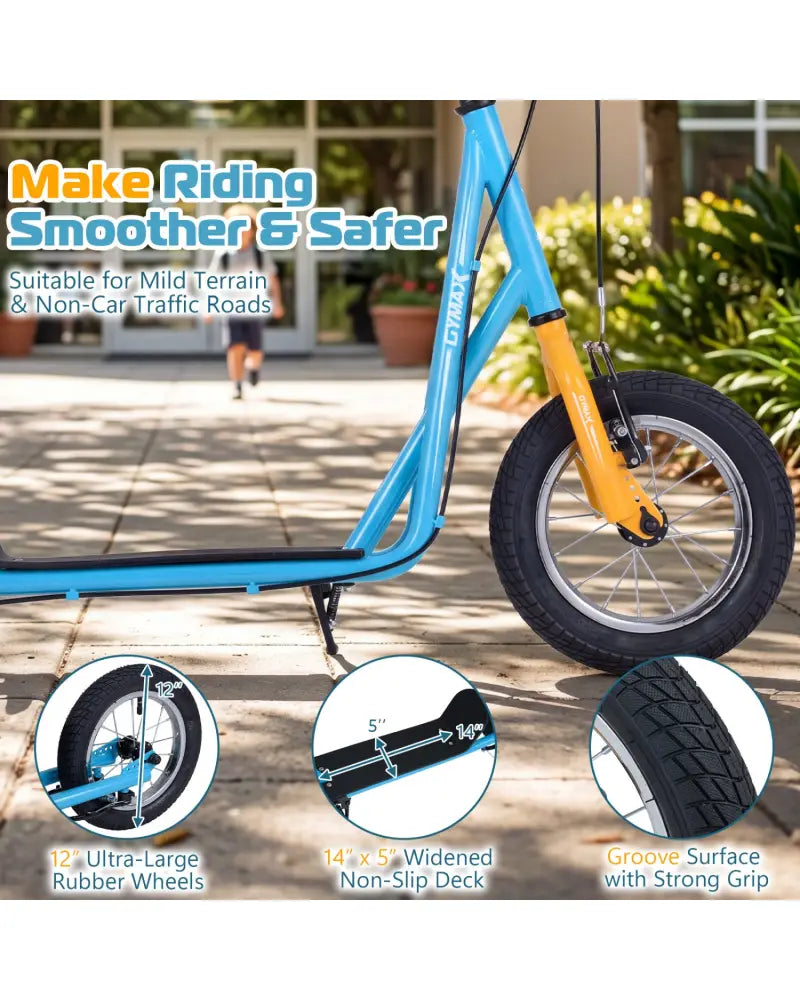 Height Adjustable Kid Kick Scooter with 12 Inch Air Filled Wheel-Blue - Blue - Scooters