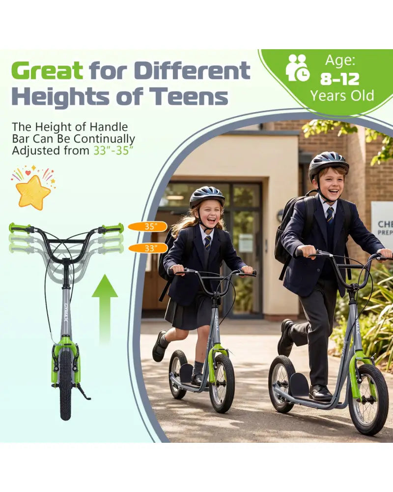 Height Adjustable Kid Kick Scooter with 12 Inch Air Filled Wheel-Grey - Gray - Scooters