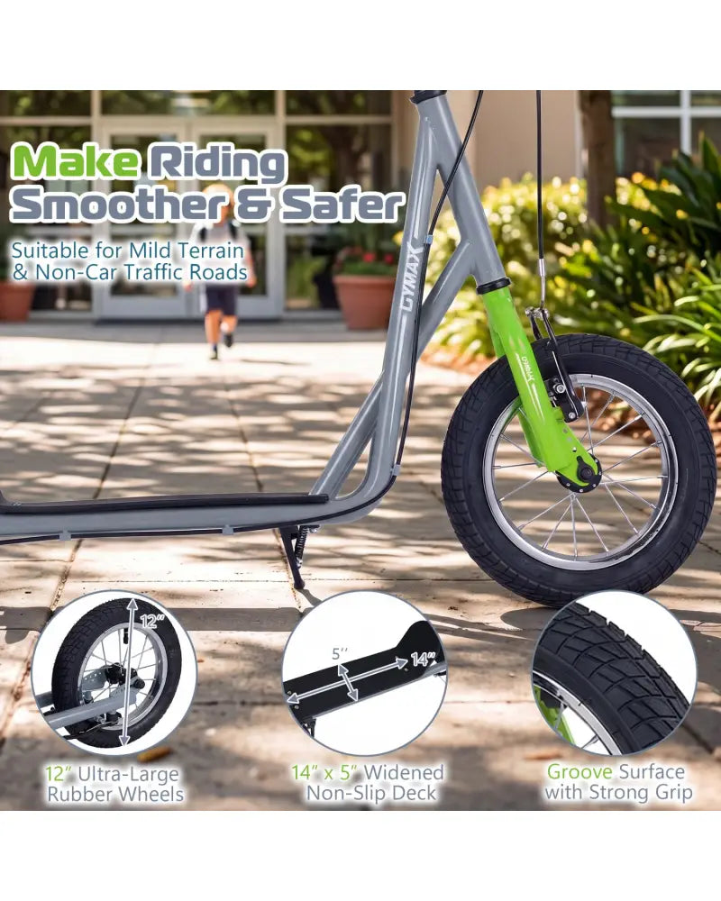 Height Adjustable Kid Kick Scooter with 12 Inch Air Filled Wheel-Grey - Gray - Scooters