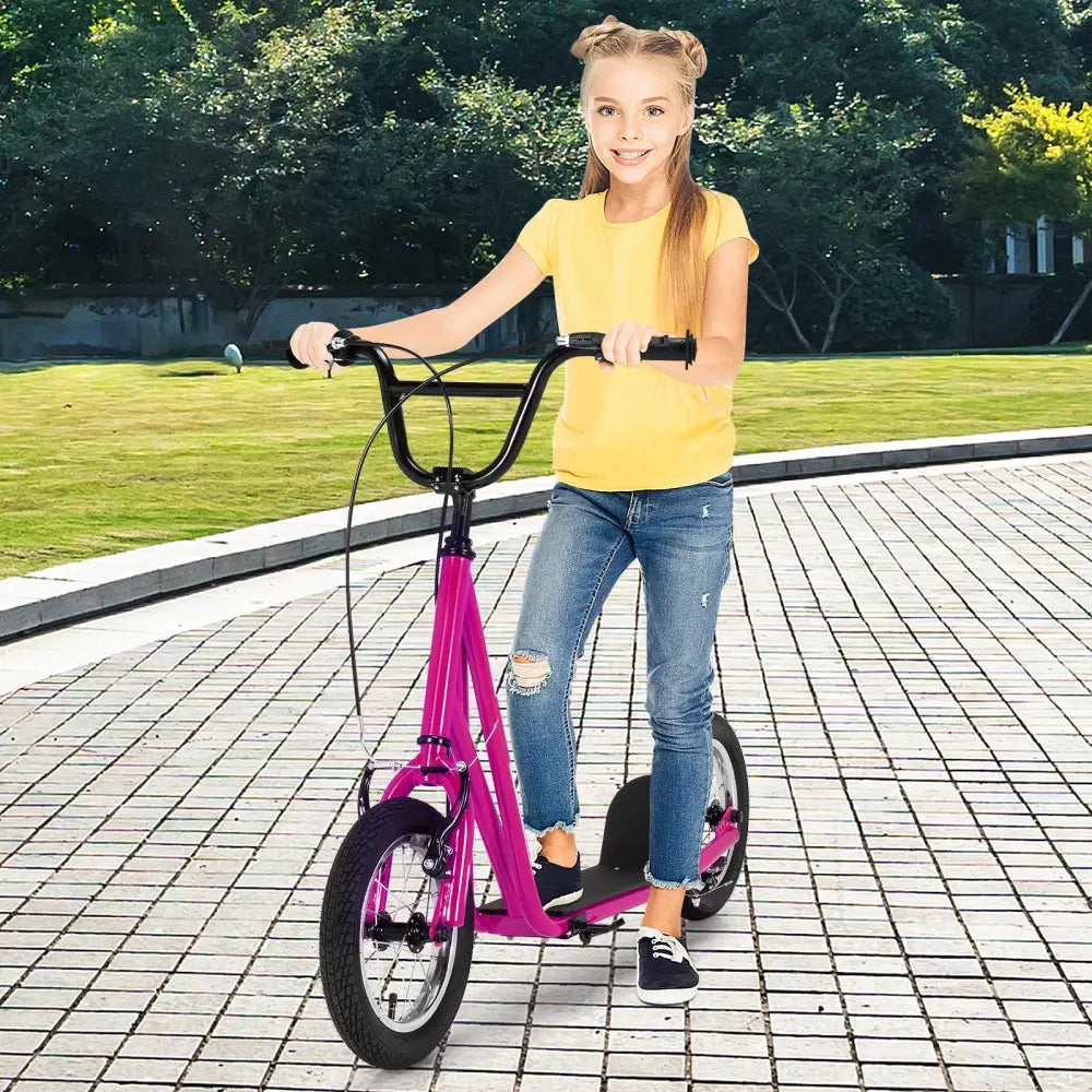 Height Adjustable Kid Kick Scooter with 12 Inch Air Filled Wheel-Pink - Pink - Scooters
