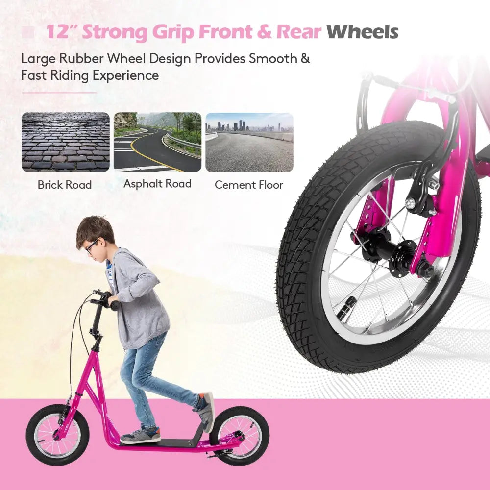 Height Adjustable Kid Kick Scooter with 12 Inch Air Filled Wheel-Pink - Pink - Scooters