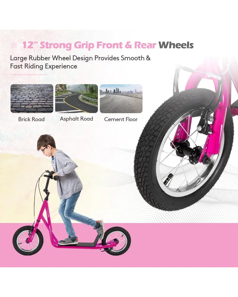Height Adjustable Kid Kick Scooter with 12 Inch Air Filled Wheel-Pink - Pink - Scooters