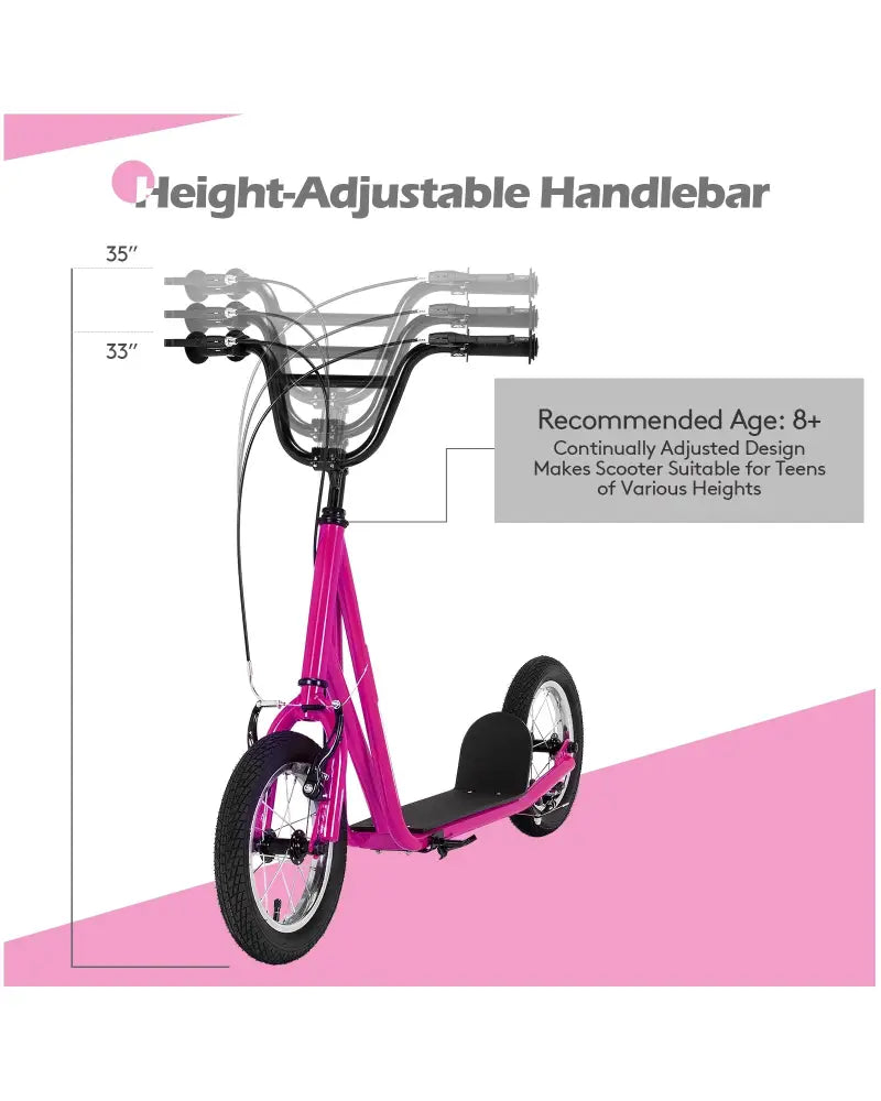 Height Adjustable Kid Kick Scooter with 12 Inch Air Filled Wheel-Pink - Pink - Scooters