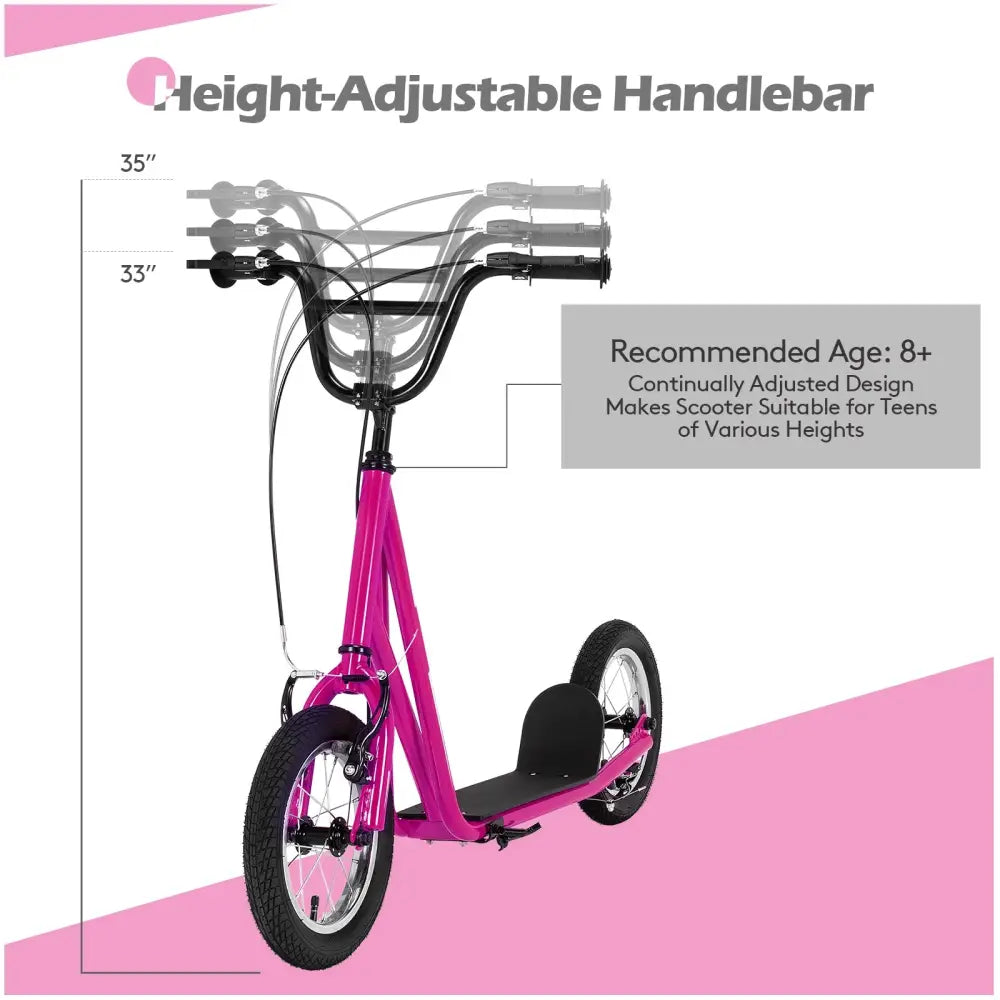 Height Adjustable Kid Kick Scooter with 12 Inch Air Filled Wheel-Pink - Pink - Scooters