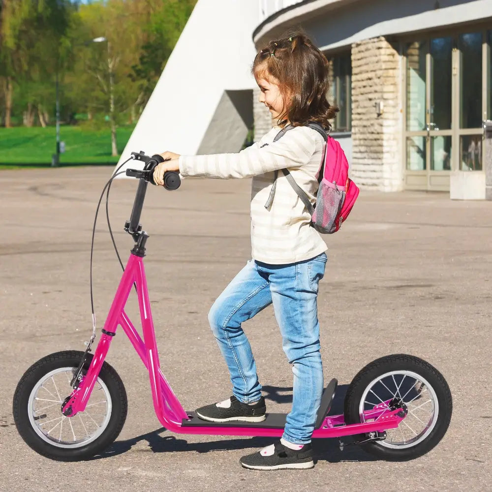 Height Adjustable Kid Kick Scooter with 12 Inch Air Filled Wheel-Pink - Pink - Scooters