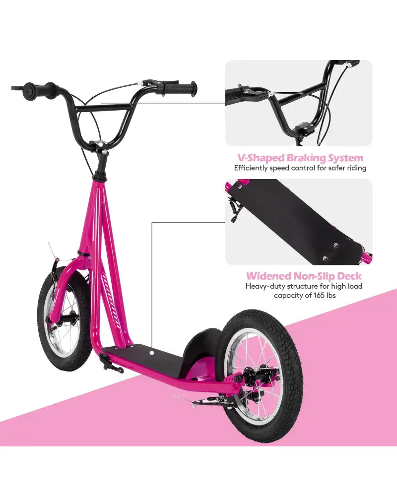 Height Adjustable Kid Kick Scooter with 12 Inch Air Filled Wheel-Pink - Pink - Scooters