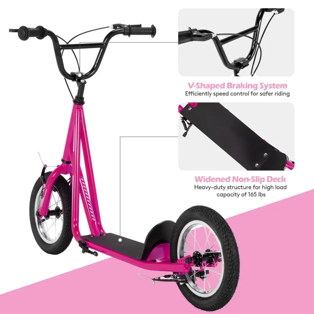 Height Adjustable Kid Kick Scooter with 12 Inch Air Filled Wheel-Pink - Pink - Scooters