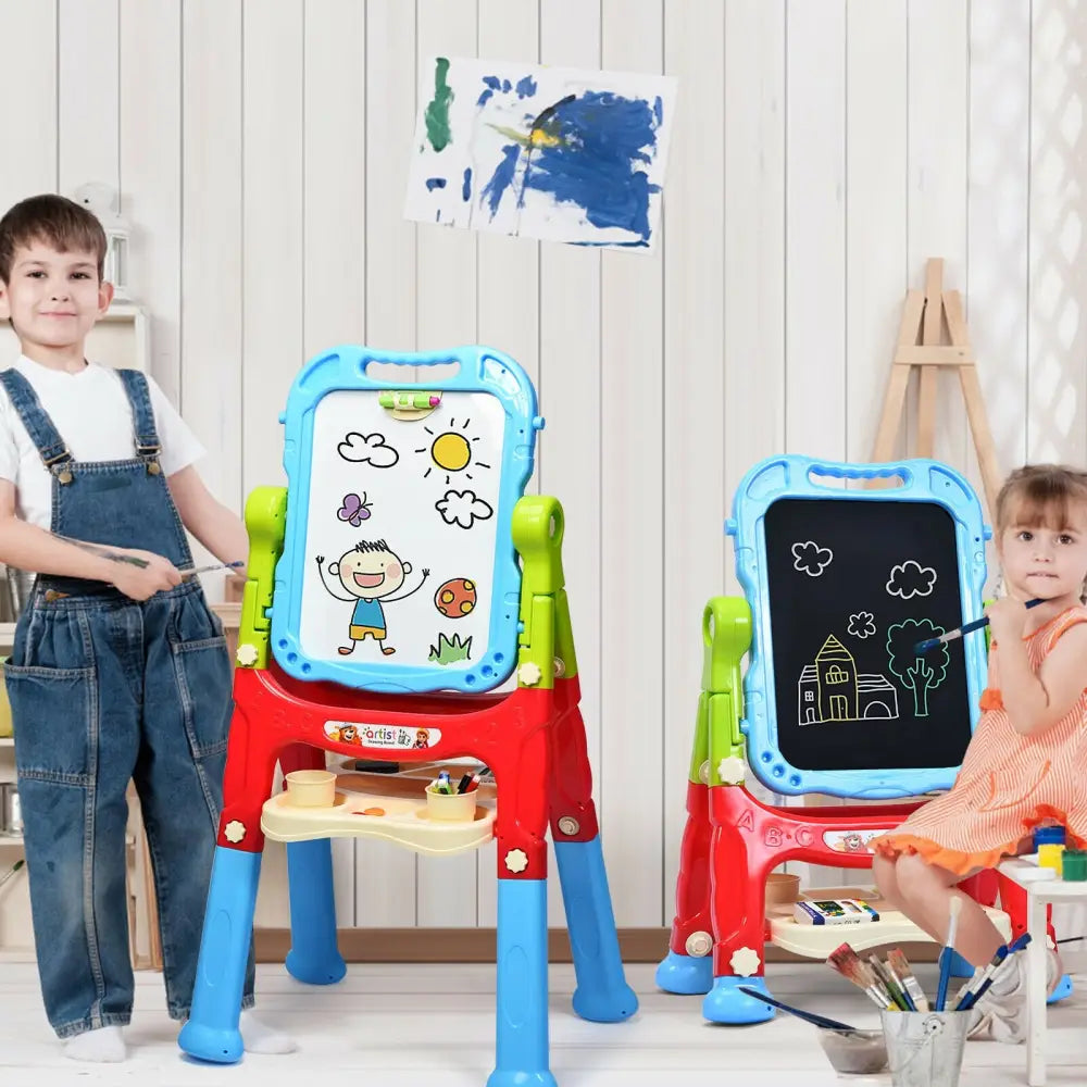 Height Adjustable Kids Art Easel Magnetic Double Sided Board-Blue - Blue - Art Easels