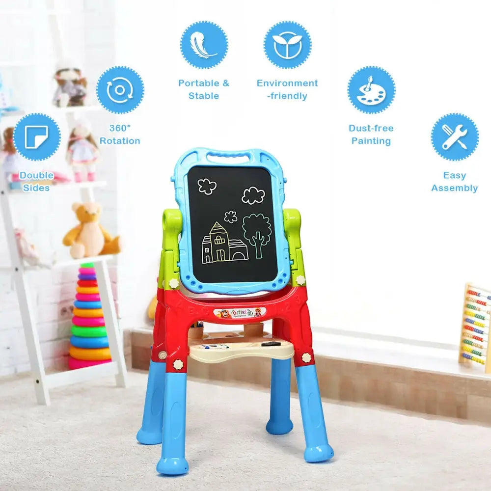 Height Adjustable Kids Art Easel Magnetic Double Sided Board-Blue - Blue - Art Easels
